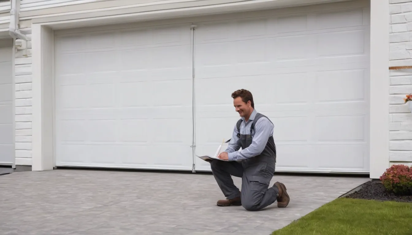 A friendly garage door provider checking a residential garage door in Wildwood while a homeowner looks on